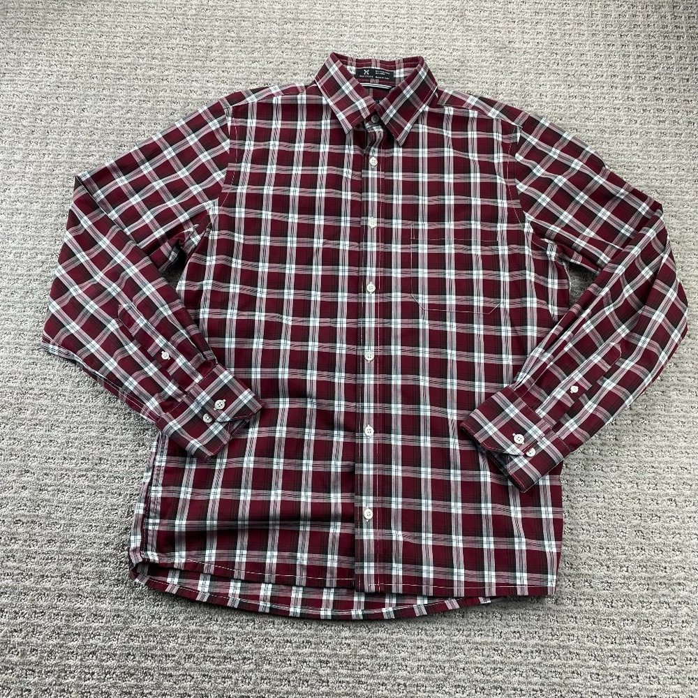 Nordstrom Dress Shirt Men's Shop M Red Black Plaid Wrinkle Free Button Down Polo